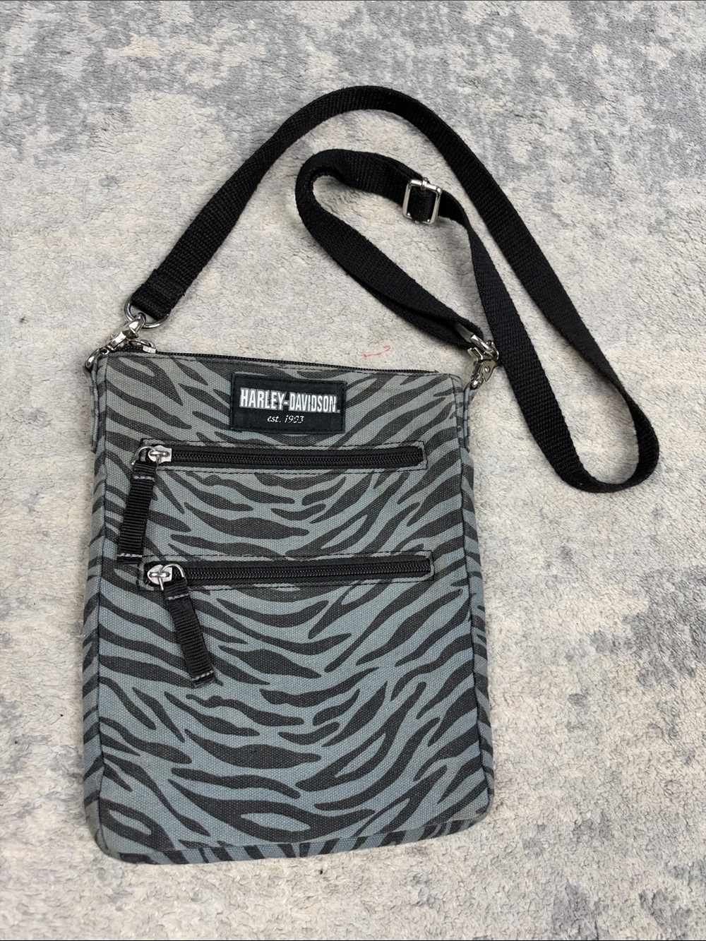 Harley Davidson Zebra Print Cotton Canvas Crossbody Bag Gray